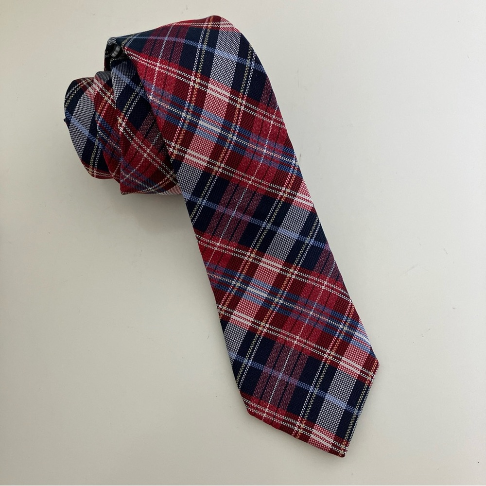 BEN SHERMAN Red White & Blue Plaid Skinny Tie 100% Silk Woven 60"L x 2.5"W